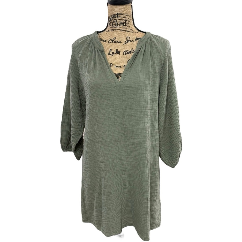 Nation LTD Nala Peasant Dress Gauze Vintage Army Green V-Neck 3/4 Sleeve Size XS